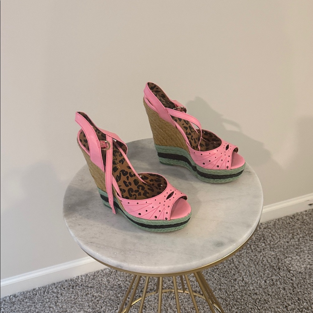 Jessica Simpson Pink and Green Wedge Sandals